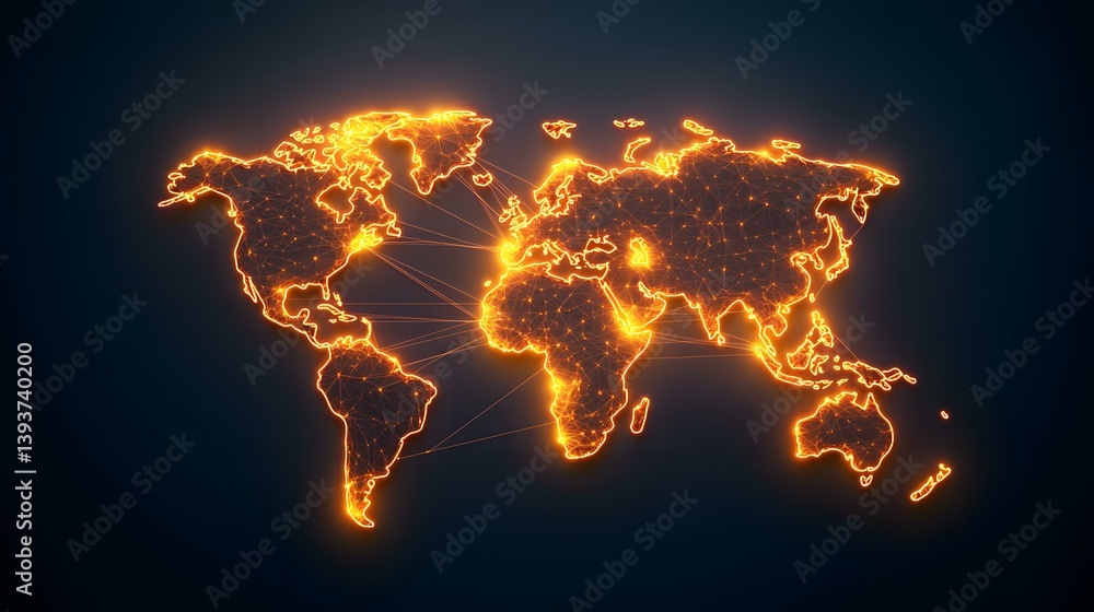 Poster the image contains a glowing orange world map formed from interconnected nodes and lines, representi