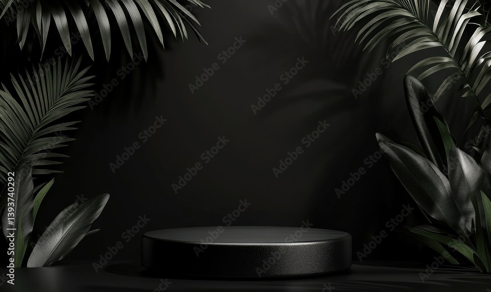 Poster a minimalistic black stage surrounded by elegant palm leaves. set against a dark backdrop. creating 