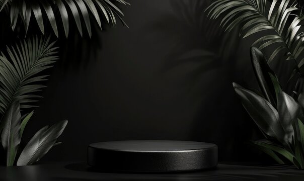A minimalistic black stage surrounded by elegant palm leaves. set against a dark backdrop. creating an atmosphere suitable for a fashion show or product launch