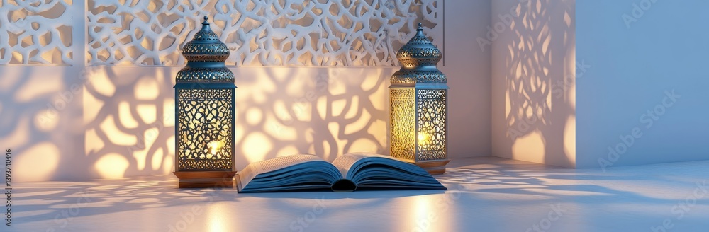 Poster a beautifully illuminated open book resting on a table. surrounded by intricately designed lanterns.