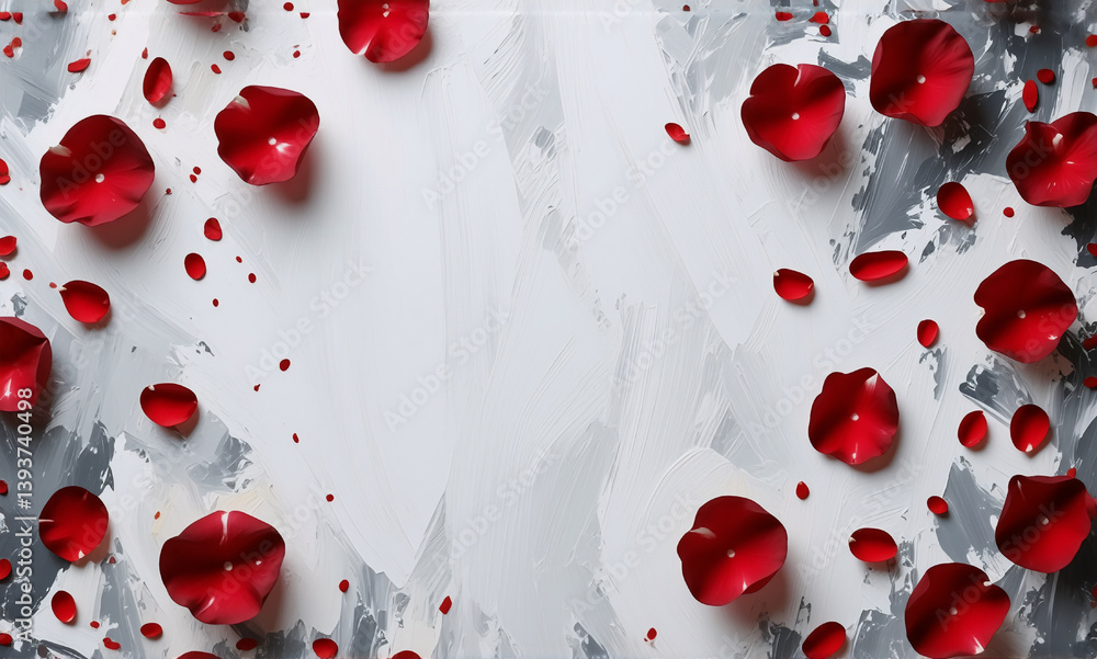 Aufkleber red rose petals scattered on a textured grey and white backdrop create a romantic and elegant scene 