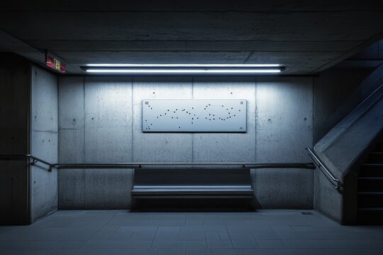 A dimly lit modern subway station environment featuring a bench and stairs - Powered by Adobe