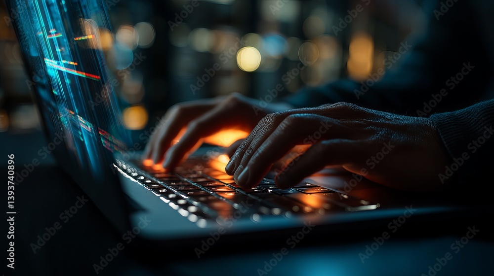 Poster night programmer coding laptop keys hands dark digital technology illuminated screen modern software