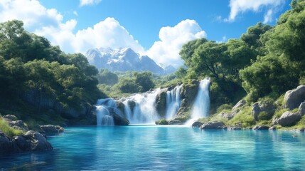 Fototapeta premium Tranquil mountain waterfall cascading into a serene lake. Lush green forest surrounds a vibrant blue water body