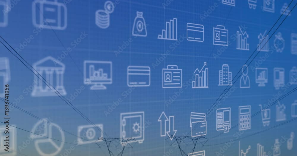 Poster financial icons and data processing animation over power lines at sunset