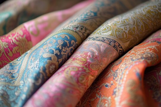 Close-up of luxurious, colorful fabrics with Persian lace intricate patterns and textures, showcasing a blend of pink, blue, and orange hues.