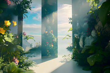 A serene garden oasis with a vista of water and sky.