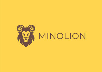 Lion with minotaur horns logo in hybrid creature style