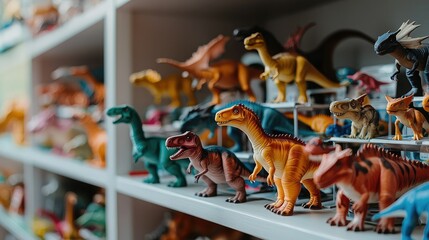A colorful display of various dinosaur figurines lined up on shelves, showcasing their diverse shapes and colors in a playful arrangement.
