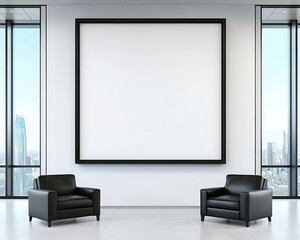 A modern interior featuring two black chairs in front of a large blank frame, surrounded by floor-to-ceiling windows showcasing a city skyline.