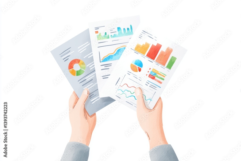 Poster financial services banking risk assessment concept. hands holding three reports with charts and grap