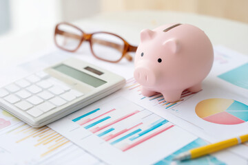 Financial services banking risk assessment concept. Piggy bank and calculator on financial documents, symbolizing savings and budgeting.