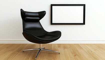 A modern black chair sits beside a blank black-framed picture on a wooden floor, creating a minimalist and stylish interior design.