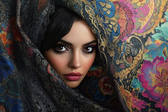 A close-up portrait of a woman partially covered by a colorful patterned scarf. Her striking features include large eyes and full lips, set against a vibrant floral background. - Powered by Adobe