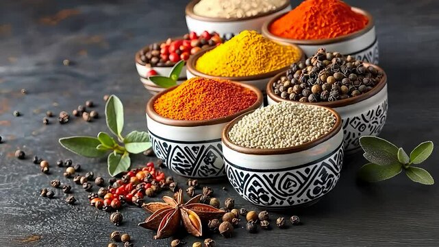 Assortment of Colorful Spices in Decorative Bowls with Fresh Herbs and Star Anise

