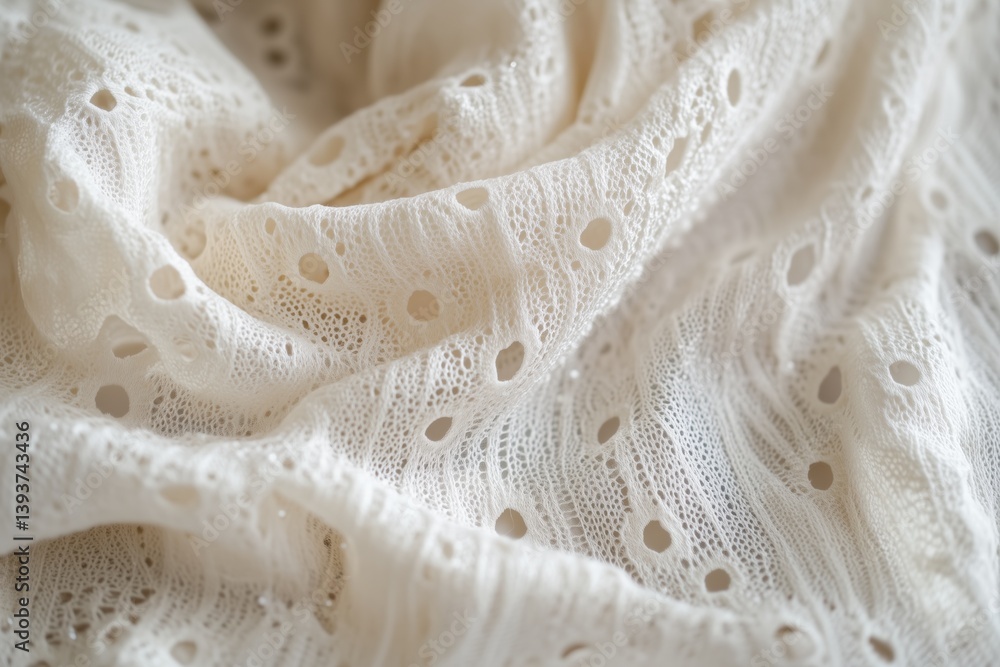 Poster delicate, textured white fabric with intricate pointelle lace patterns and small holes, creating a s