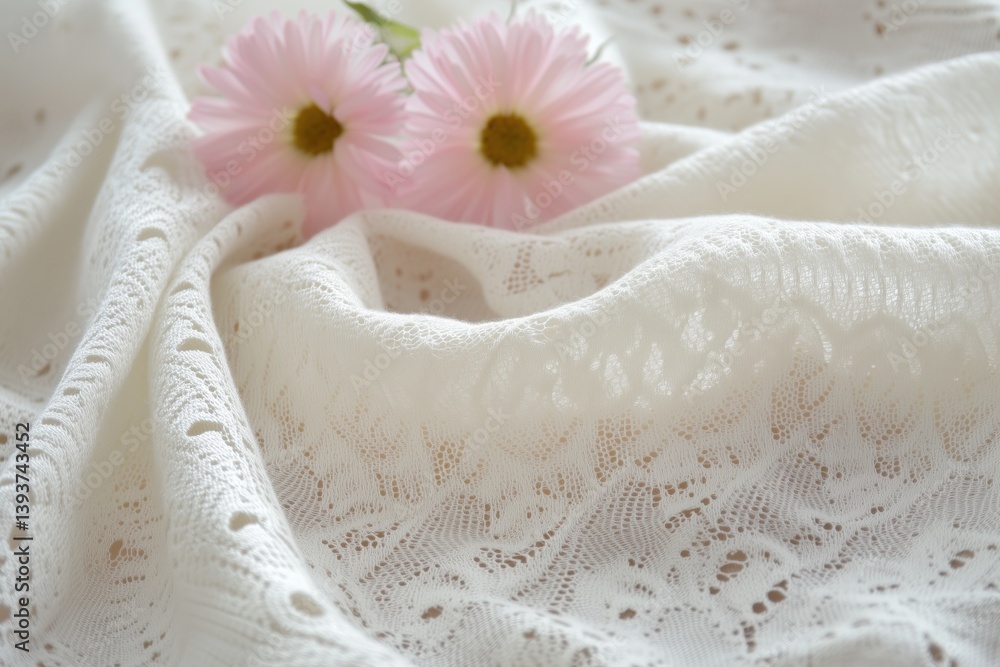 Poster delicate white pointelle lace fabric with intricate patterns, draped softly. two pink daisies are pl