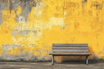 A weathered wooden bench sits against a decaying yellow wall