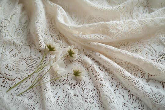 A delicate Pointelle lace fabric draped elegantly with small white flowers placed on it, creating a soft and romantic atmosphere.