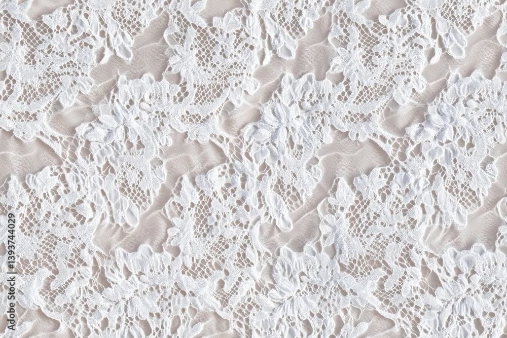 Poster intricate white raschel lace fabric with floral patterns on a light background. the lace features de