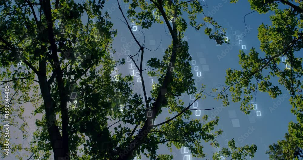 Poster tree branches and leaves with digital binary code animation overlay