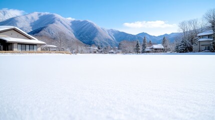 Snowy village nestled in a valley, with mountains in the background.  A tranquil winter scene