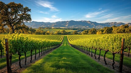 Obraz premium Scenic vineyard landscape under a vibrant blue sky. Rows of green grape vines stretch across the fertile 