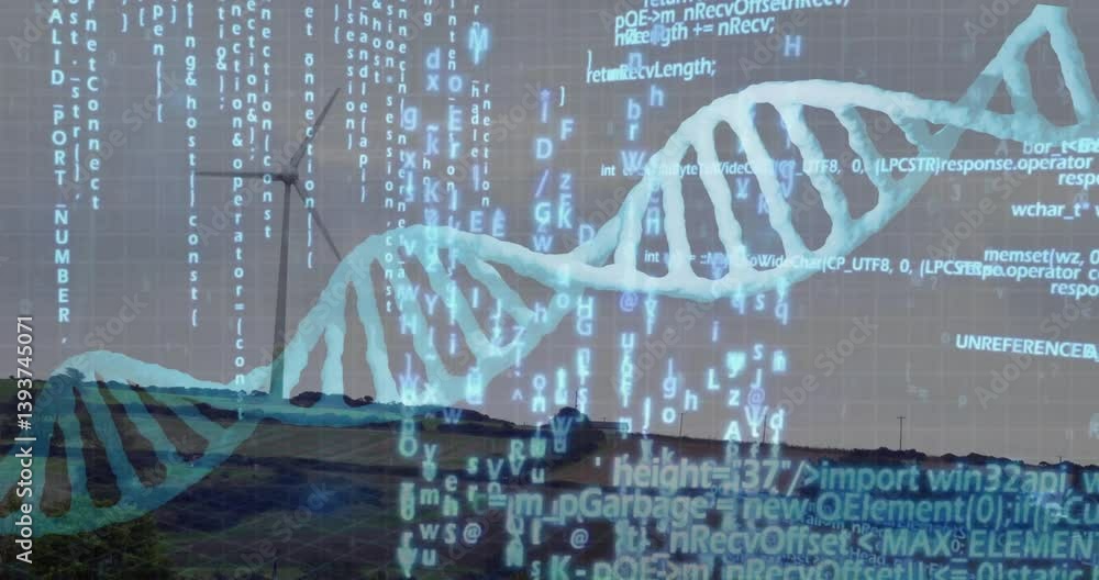Poster dna strand and binary coding animation over wind turbines in field