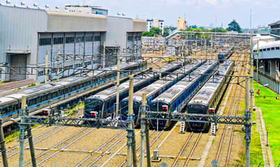 Jakarta's modern blue electric trains parked at the railway depot