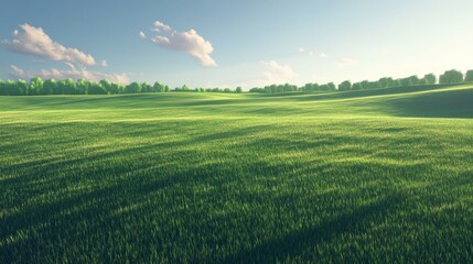 Fototapeta premium Serene grassy field meets trees under a bright, partly cloudy sky. Light casting long shadows across
