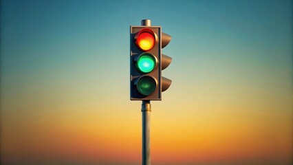 A solitary traffic signal displays a green light against a vibrant sunset sky, symbolizing permission, progress, and the passage of time.
