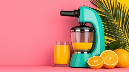 Teal Citrus Juicer and Fresh Oranges on Pink Background