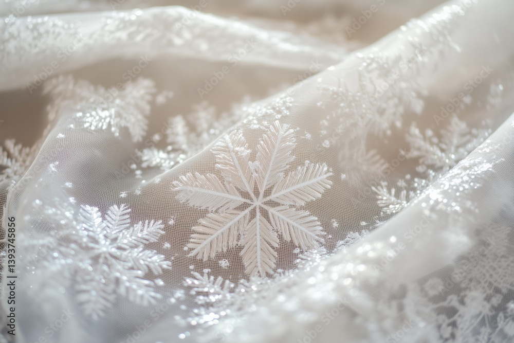 Poster delicate white snowflake lace fabric featuring intricate snowflake embroidery. the soft texture and 