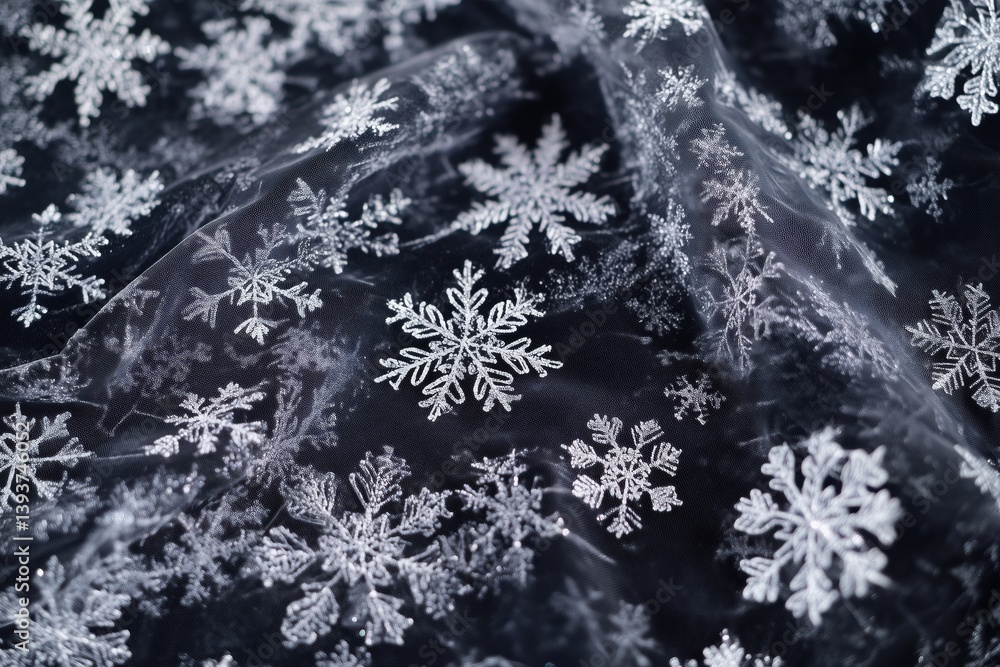 Poster black fabric with white snowflake patterns, showcasing intricate designs of various snowflakes on a 