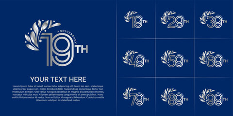 Anniversary logo type set with double line number and floral ornament. silver color for celebration event