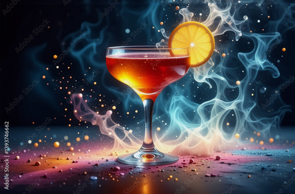 Poster elegant drink in a coupe glass garnished with an orange slice. abstract blue and gold lights create 
