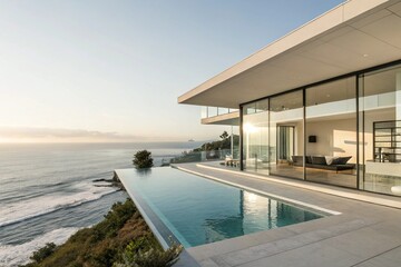 Fototapeta premium A modern, minimalist home with an infinity pool overlooking the ocean - generated by ai