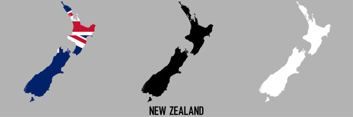 New Zealand flag and map shape black and gray color.