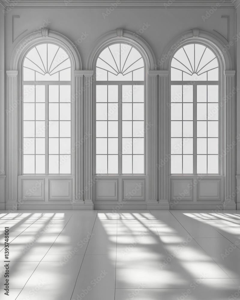 Poster a large room with three arched windows and white walls. the room is empty and has a very clean and m