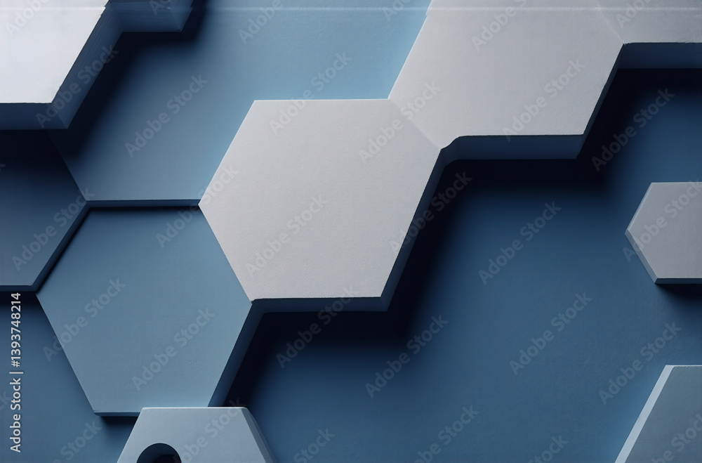 Poster abstract geometric design with interlocking white and blue hexagonal shapes creating a modern and te