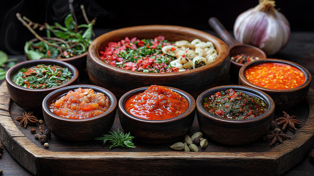 Variety of Delicious Sauces and Spices in Small Bowls