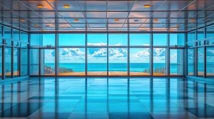 Spacious interior walkway with expansive ocean views