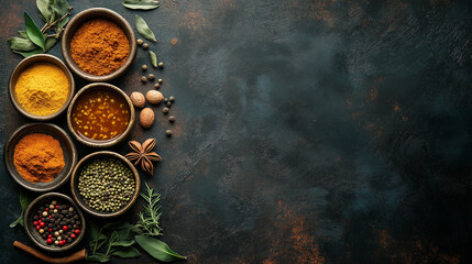 Variety of Spices and Herbs in Small Bowls on Rustic Background