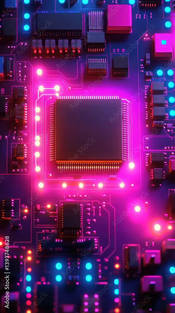 Poster a computer chip with a purple glow. the chip is surrounded by a blue and red background. the image i