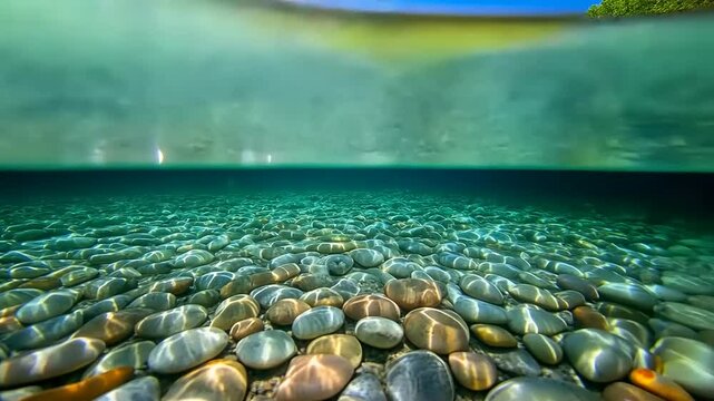 Serene underwater view of smooth pebbles beneath clear water, surrounded by lush greenery and blue sky