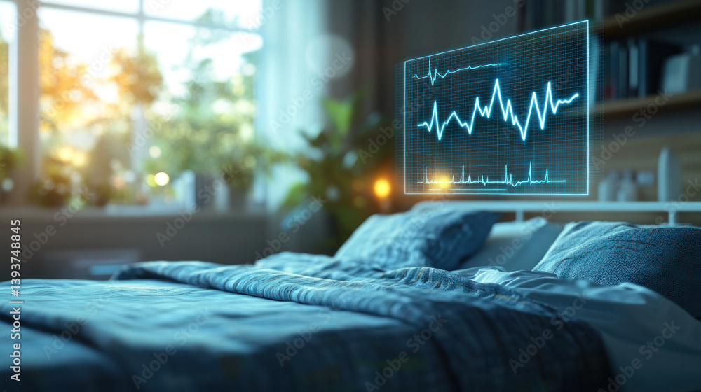 Poster a bed with a blue comforter and a monitor on the headboard showing a heart rate. the monitor is disp
