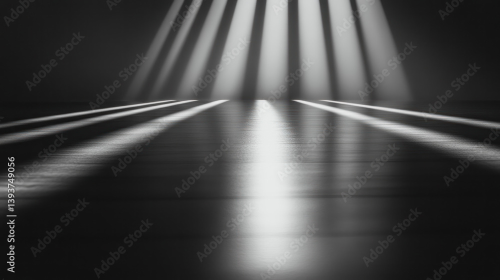 Poster a dark room with a floor that is illuminated by sunlight. the room is empty and the light is coming 