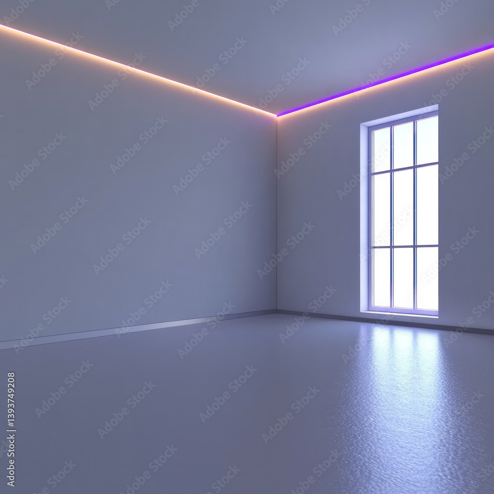 Poster a room with a window and a wall with a purple stripe. the room is empty and has a very clean and min
