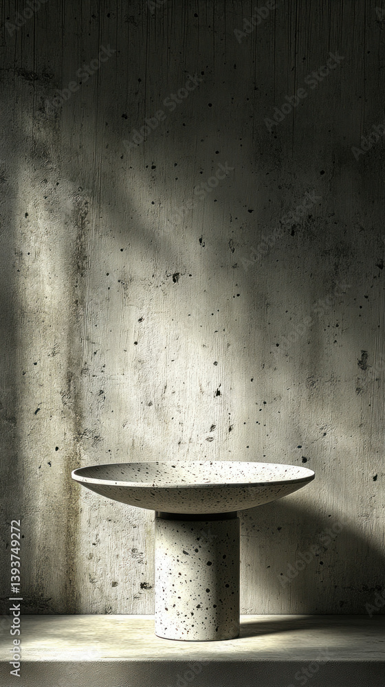 Poster a white bowl sits on a pedestal in front of a wall. the bowl is empty and the pedestal is made of co