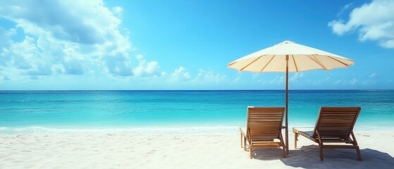 Obraz premium Tropical White Sand Beach with Wooden Lounge Chairs and White Umbrella under Blue Sky